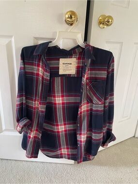 Garage Navy and Red Plaid Button-Down Shirt